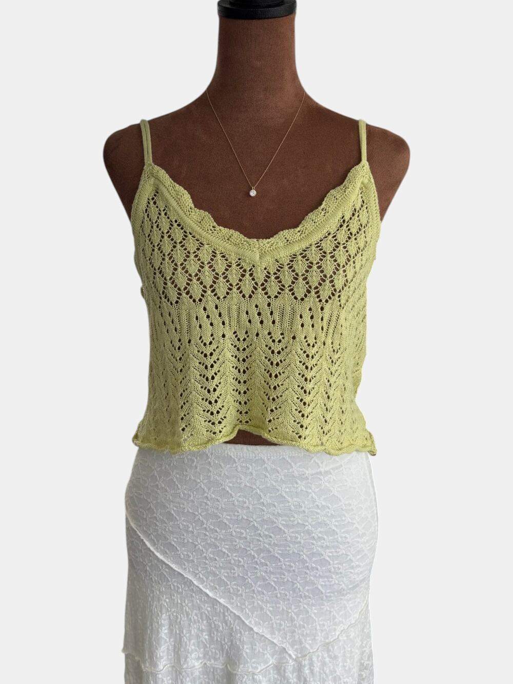 American Threads Green Crochet Crop Top Tank Adjustable Straps Y2K Small Medium